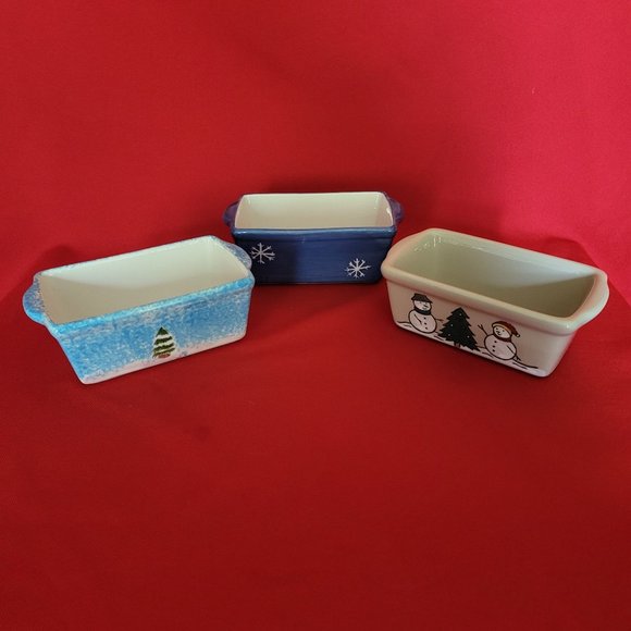 Mini Bread Loaf Pan Ceramic Stoneware Christmas Winter Snowman Snowflakes Set of - Picture 4 of 12